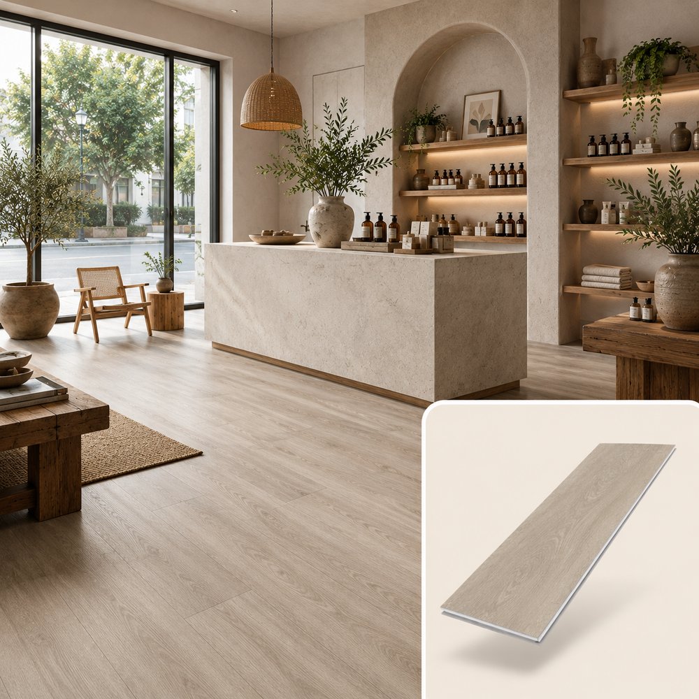 ¿Qué son los Pisos Vinílicos SPC? Piso vinílico SPC instalado en espacio comercial moderno con muestra de tabla SPC.